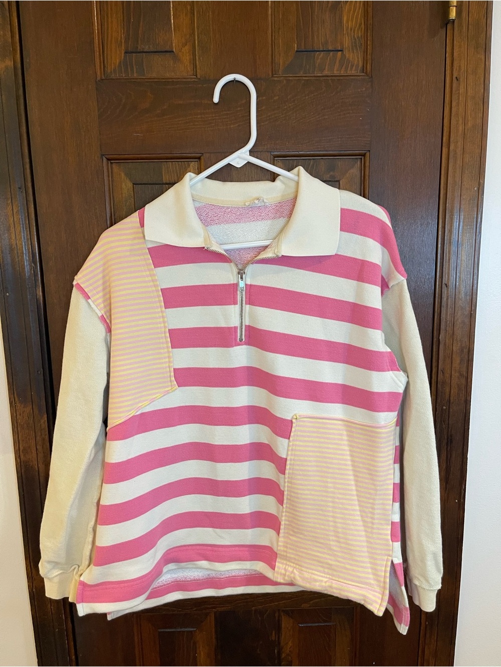 Hem & Thread Pink & Ivory Striped Half-Zip Pullover Sz Sm